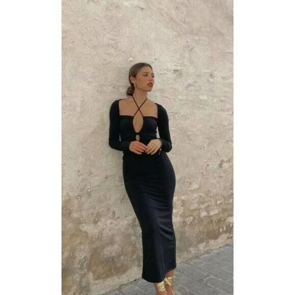 ZARA Midi Dress Slit Ties Cut Out - Picture 1 of 7